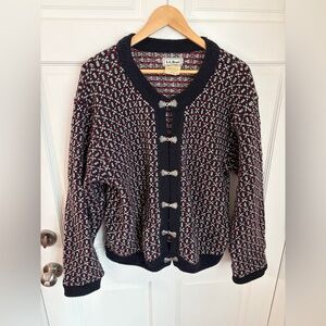 VTG LL Bean Nordic Wool Blend Black Red Cardigan Birdseye with Metal Closures L